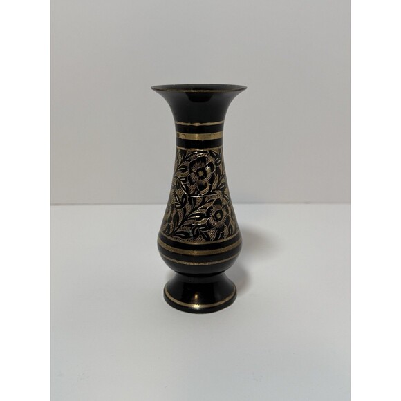 Other - Vintage Black & Gold Etched Brass Bud Vase – 5.5” Floral Design India Style Boho